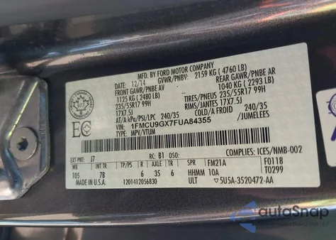 2015 Ford Escape Se z USA, uszkodzony, nr VIN 1FMCU9GX7FUA84355